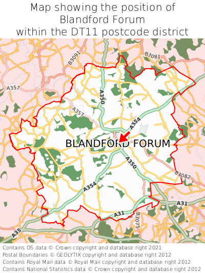 Map showing location of Blandford Forum within DT11