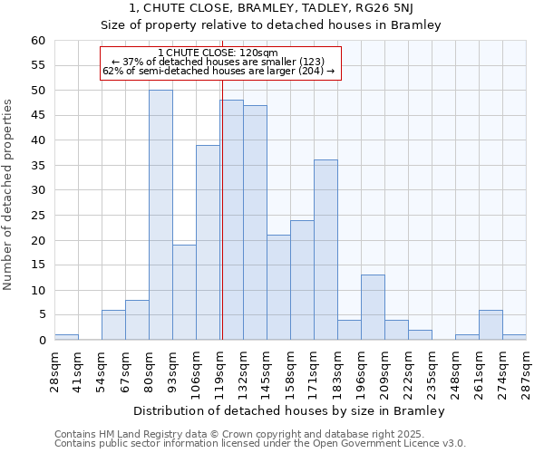 1, CHUTE CLOSE, BRAMLEY, TADLEY, RG26 5NJ: Size of property relative to detached houses houses in Bramley