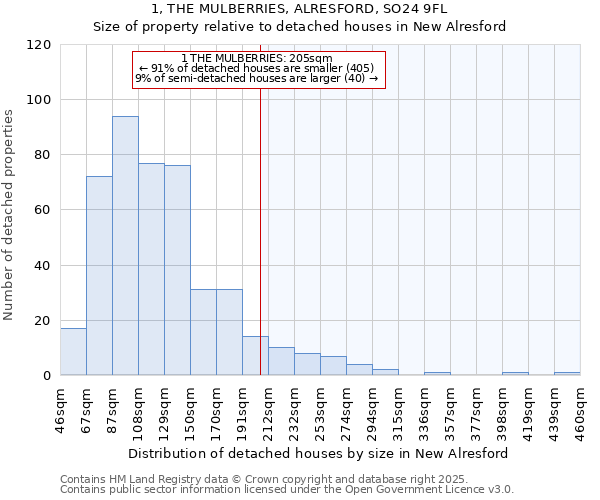 1, THE MULBERRIES, ALRESFORD, SO24 9FL: Size of property relative to detached houses houses in New Alresford