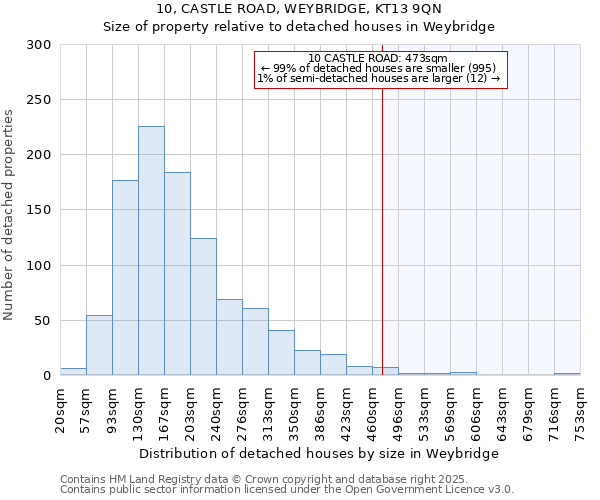 10, CASTLE ROAD, WEYBRIDGE, KT13 9QN: Size of property relative to detached houses houses in Weybridge
