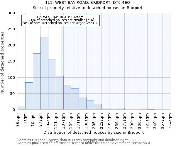 115, WEST BAY ROAD, BRIDPORT, DT6 4EQ: Size of property relative to detached houses houses in Bridport
