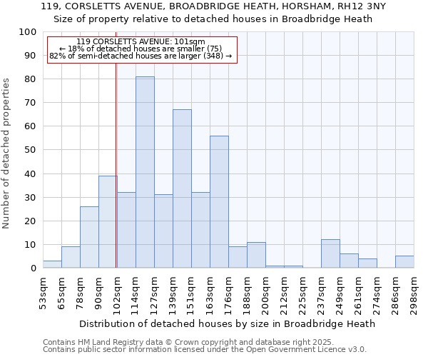 119, CORSLETTS AVENUE, BROADBRIDGE HEATH, HORSHAM, RH12 3NY: Size of property relative to detached houses houses in Broadbridge Heath