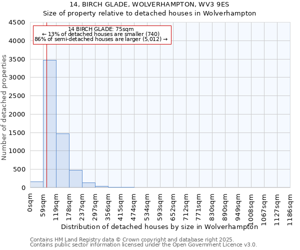 14, BIRCH GLADE, WOLVERHAMPTON, WV3 9ES: Size of property relative to detached houses houses in Wolverhampton