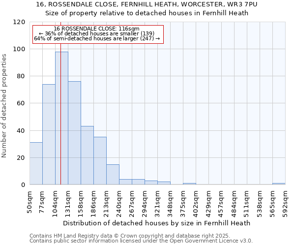16, ROSSENDALE CLOSE, FERNHILL HEATH, WORCESTER, WR3 7PU: Size of property relative to detached houses houses in Fernhill Heath