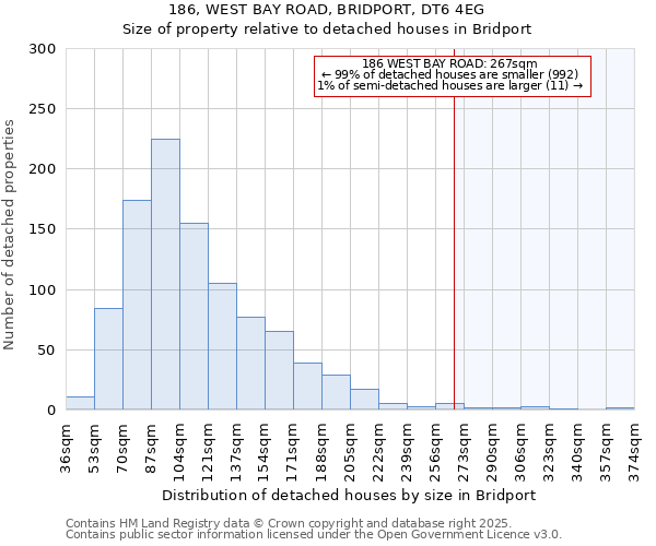 186, WEST BAY ROAD, BRIDPORT, DT6 4EG: Size of property relative to detached houses houses in Bridport