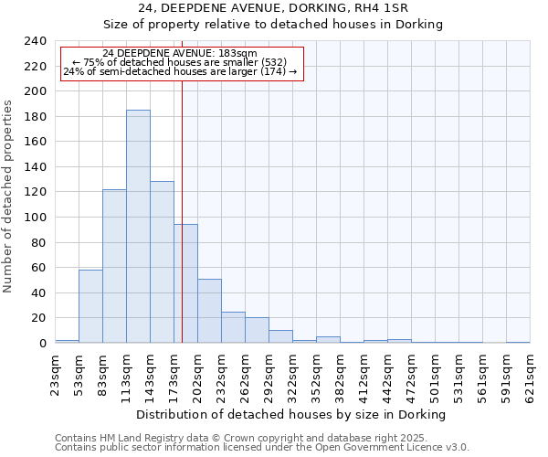 24, DEEPDENE AVENUE, DORKING, RH4 1SR: Size of property relative to detached houses houses in Dorking