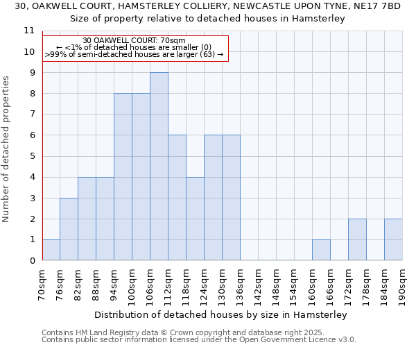 30, OAKWELL COURT, HAMSTERLEY COLLIERY, NEWCASTLE UPON TYNE, NE17 7BD: Size of property relative to detached houses houses in Hamsterley