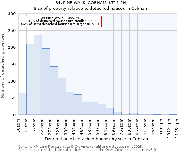 34, PINE WALK, COBHAM, KT11 2HJ: Size of property relative to detached houses houses in Cobham