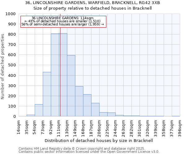 36, LINCOLNSHIRE GARDENS, WARFIELD, BRACKNELL, RG42 3XB: Size of property relative to detached houses houses in Bracknell