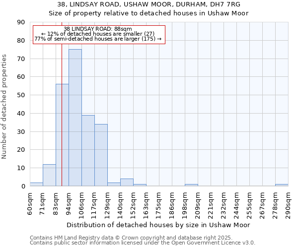 38, LINDSAY ROAD, USHAW MOOR, DURHAM, DH7 7RG: Size of property relative to detached houses houses in Ushaw Moor