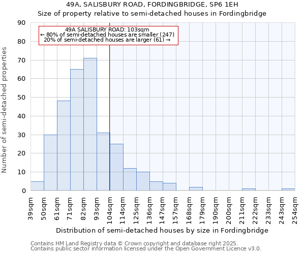 49A, SALISBURY ROAD, FORDINGBRIDGE, SP6 1EH: Size of property relative to semi-detached houses houses in Fordingbridge