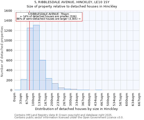 5, RIBBLESDALE AVENUE, HINCKLEY, LE10 1SY: Size of property relative to detached houses houses in Hinckley