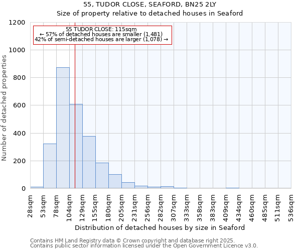 55, TUDOR CLOSE, SEAFORD, BN25 2LY: Size of property relative to detached houses houses in Seaford