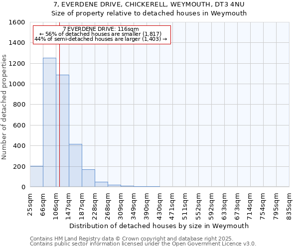7, EVERDENE DRIVE, CHICKERELL, WEYMOUTH, DT3 4NU: Size of property relative to detached houses houses in Weymouth