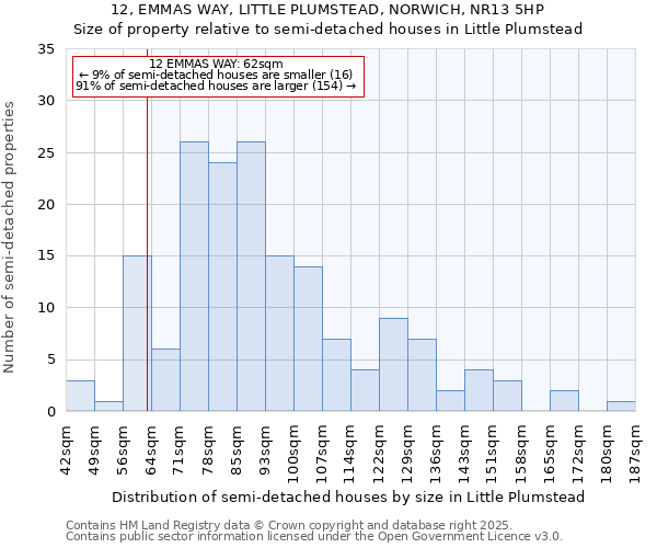 12, EMMAS WAY, LITTLE PLUMSTEAD, NORWICH, NR13 5HP: Size of property relative to semi-detached houses houses in Little Plumstead