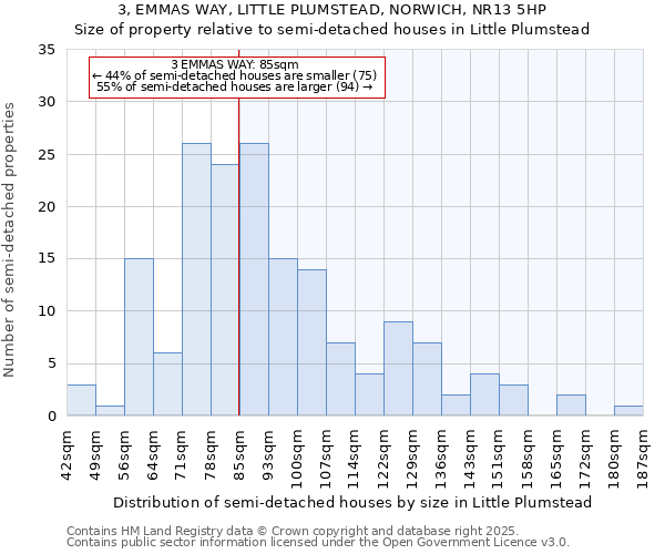 3, EMMAS WAY, LITTLE PLUMSTEAD, NORWICH, NR13 5HP: Size of property relative to semi-detached houses houses in Little Plumstead