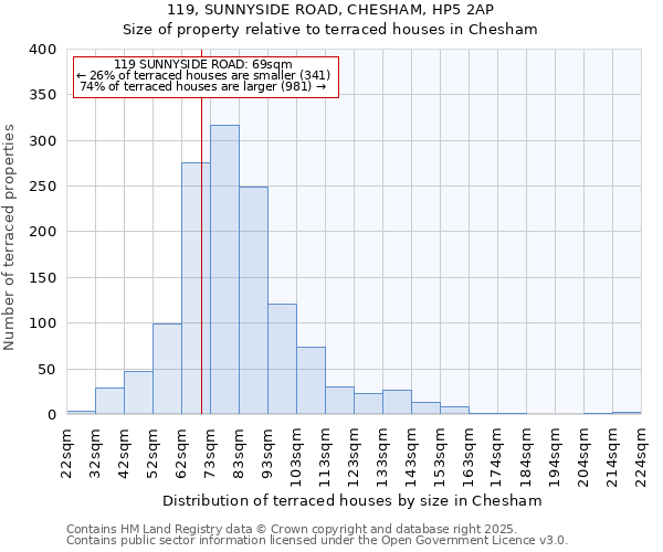 119, SUNNYSIDE ROAD, CHESHAM, HP5 2AP: Size of property relative to terraced houses houses in Chesham