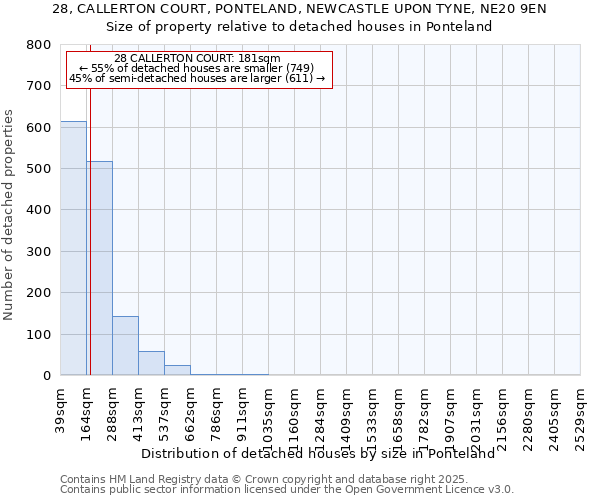 28, CALLERTON COURT, PONTELAND, NEWCASTLE UPON TYNE, NE20 9EN: Size of property relative to detached houses houses in Ponteland