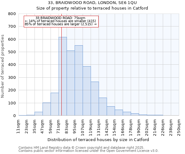 33, BRAIDWOOD ROAD, LONDON, SE6 1QU: Size of property relative to terraced houses houses in Catford