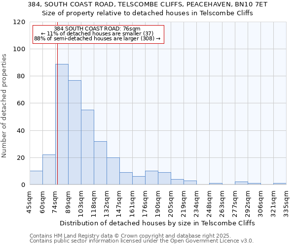 384, SOUTH COAST ROAD, TELSCOMBE CLIFFS, PEACEHAVEN, BN10 7ET: Size of property relative to detached houses houses in Telscombe Cliffs