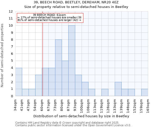39, BEECH ROAD, BEETLEY, DEREHAM, NR20 4EZ: Size of property relative to semi-detached houses houses in Beetley
