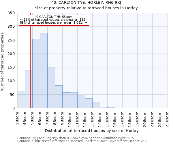 40, CARLTON TYE, HORLEY, RH6 9XJ: Size of property relative to terraced houses houses in Horley