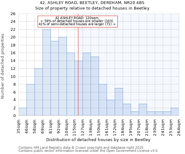 42, ASHLEY ROAD, BEETLEY, DEREHAM, NR20 4BS: Size of property relative to detached houses houses in Beetley