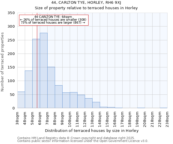 44, CARLTON TYE, HORLEY, RH6 9XJ: Size of property relative to terraced houses houses in Horley