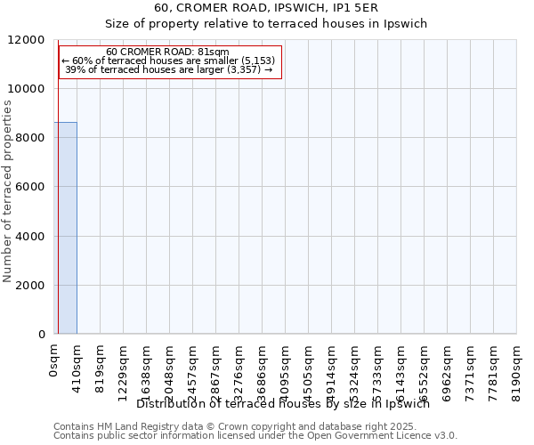60, CROMER ROAD, IPSWICH, IP1 5ER: Size of property relative to terraced houses houses in Ipswich