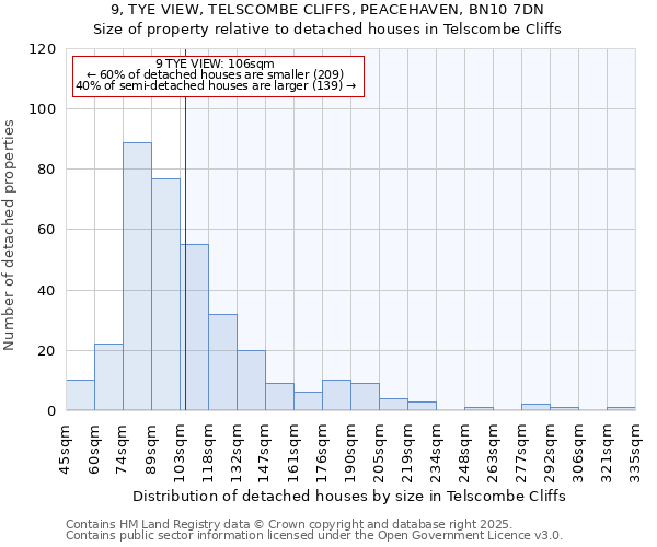 9, TYE VIEW, TELSCOMBE CLIFFS, PEACEHAVEN, BN10 7DN: Size of property relative to detached houses houses in Telscombe Cliffs