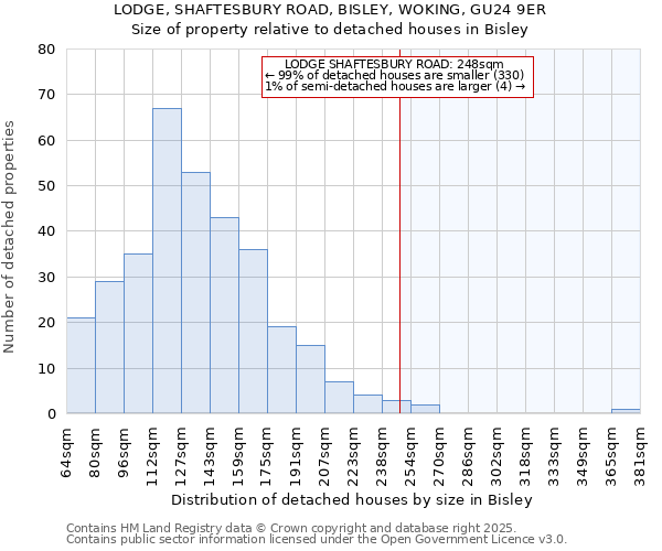LODGE, SHAFTESBURY ROAD, BISLEY, WOKING, GU24 9ER: Size of property relative to detached houses houses in Bisley