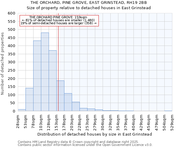 THE ORCHARD, PINE GROVE, EAST GRINSTEAD, RH19 2BB: Size of property relative to detached houses houses in East Grinstead