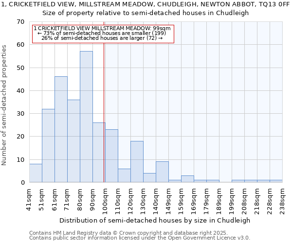 1, CRICKETFIELD VIEW, MILLSTREAM MEADOW, CHUDLEIGH, NEWTON ABBOT, TQ13 0FF: Size of property relative to semi-detached houses houses in Chudleigh