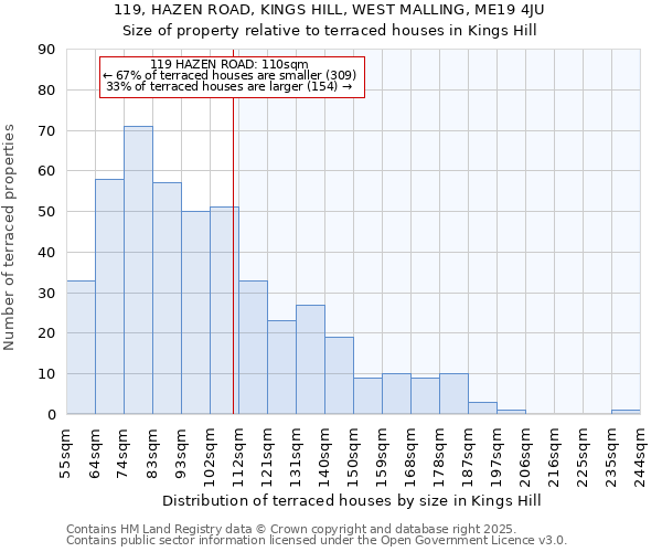 119, HAZEN ROAD, KINGS HILL, WEST MALLING, ME19 4JU: Size of property relative to terraced houses houses in Kings Hill