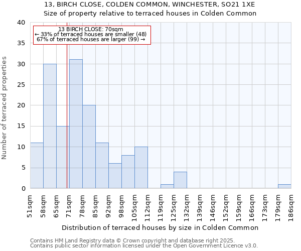 13, BIRCH CLOSE, COLDEN COMMON, WINCHESTER, SO21 1XE: Size of property relative to terraced houses houses in Colden Common