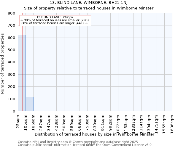 13, BLIND LANE, WIMBORNE, BH21 1NJ: Size of property relative to terraced houses houses in Wimborne Minster