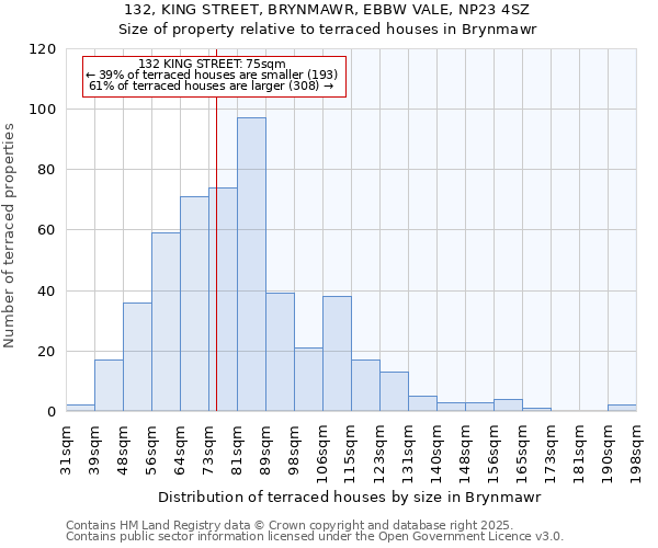 132, KING STREET, BRYNMAWR, EBBW VALE, NP23 4SZ: Size of property relative to terraced houses houses in Brynmawr