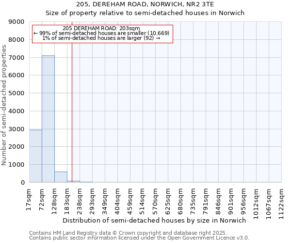205, DEREHAM ROAD, NORWICH, NR2 3TE: Size of property relative to semi-detached houses houses in Norwich