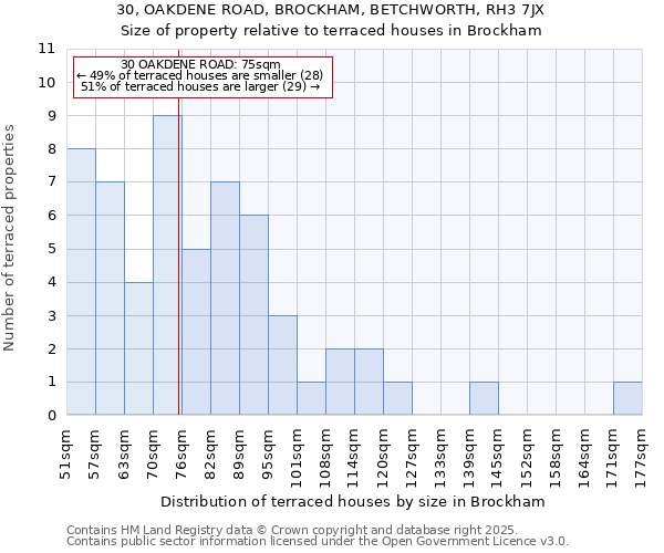 30, OAKDENE ROAD, BROCKHAM, BETCHWORTH, RH3 7JX: Size of property relative to terraced houses houses in Brockham