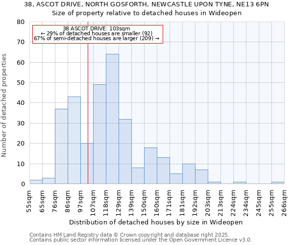 38, ASCOT DRIVE, NORTH GOSFORTH, NEWCASTLE UPON TYNE, NE13 6PN: Size of property relative to detached houses houses in Wideopen