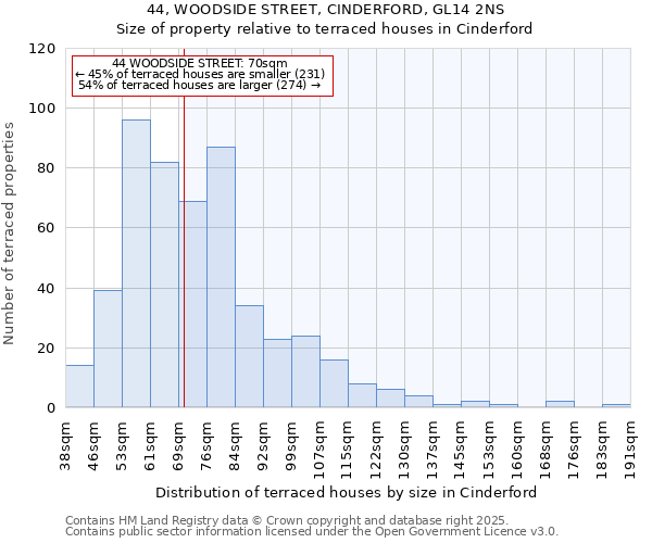44, WOODSIDE STREET, CINDERFORD, GL14 2NS: Size of property relative to terraced houses houses in Cinderford