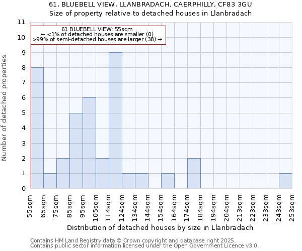 61, BLUEBELL VIEW, LLANBRADACH, CAERPHILLY, CF83 3GU: Size of property relative to detached houses houses in Llanbradach