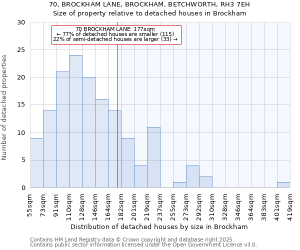 70, BROCKHAM LANE, BROCKHAM, BETCHWORTH, RH3 7EH: Size of property relative to detached houses houses in Brockham
