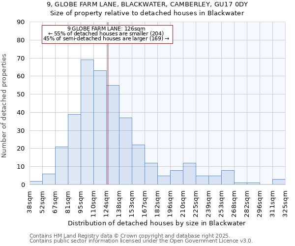 9, GLOBE FARM LANE, BLACKWATER, CAMBERLEY, GU17 0DY: Size of property relative to detached houses houses in Blackwater