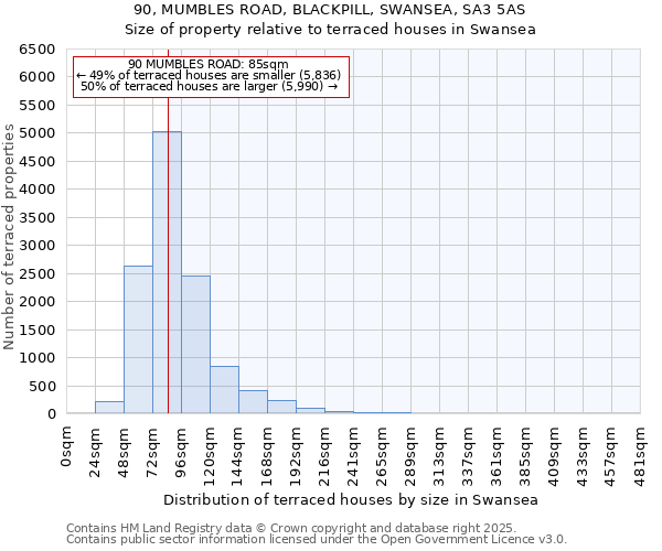 90, MUMBLES ROAD, BLACKPILL, SWANSEA, SA3 5AS: Size of property relative to terraced houses houses in Swansea