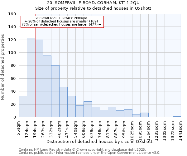 20, SOMERVILLE ROAD, COBHAM, KT11 2QU: Size of property relative to detached houses houses in Oxshott