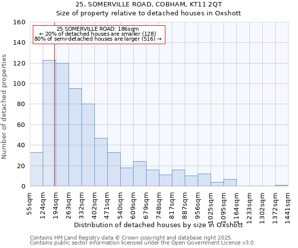 25, SOMERVILLE ROAD, COBHAM, KT11 2QT: Size of property relative to detached houses houses in Oxshott