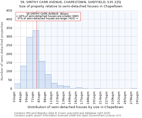 59, SMITHY CARR AVENUE, CHAPELTOWN, SHEFFIELD, S35 2ZQ: Size of property relative to semi-detached houses houses in Chapeltown