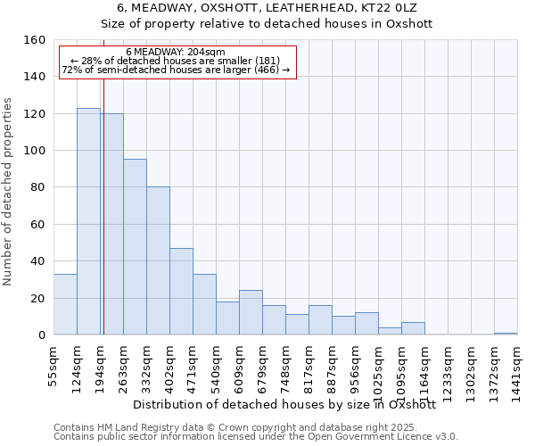 6, MEADWAY, OXSHOTT, LEATHERHEAD, KT22 0LZ: Size of property relative to detached houses houses in Oxshott