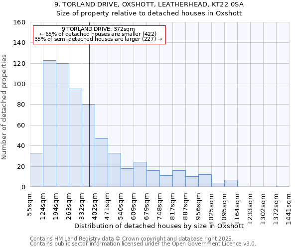 9, TORLAND DRIVE, OXSHOTT, LEATHERHEAD, KT22 0SA: Size of property relative to detached houses houses in Oxshott